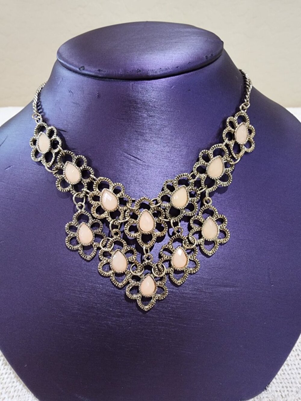 Gold Flower Faceted Light Pink Teardrop Accent Statement Bib Necklace